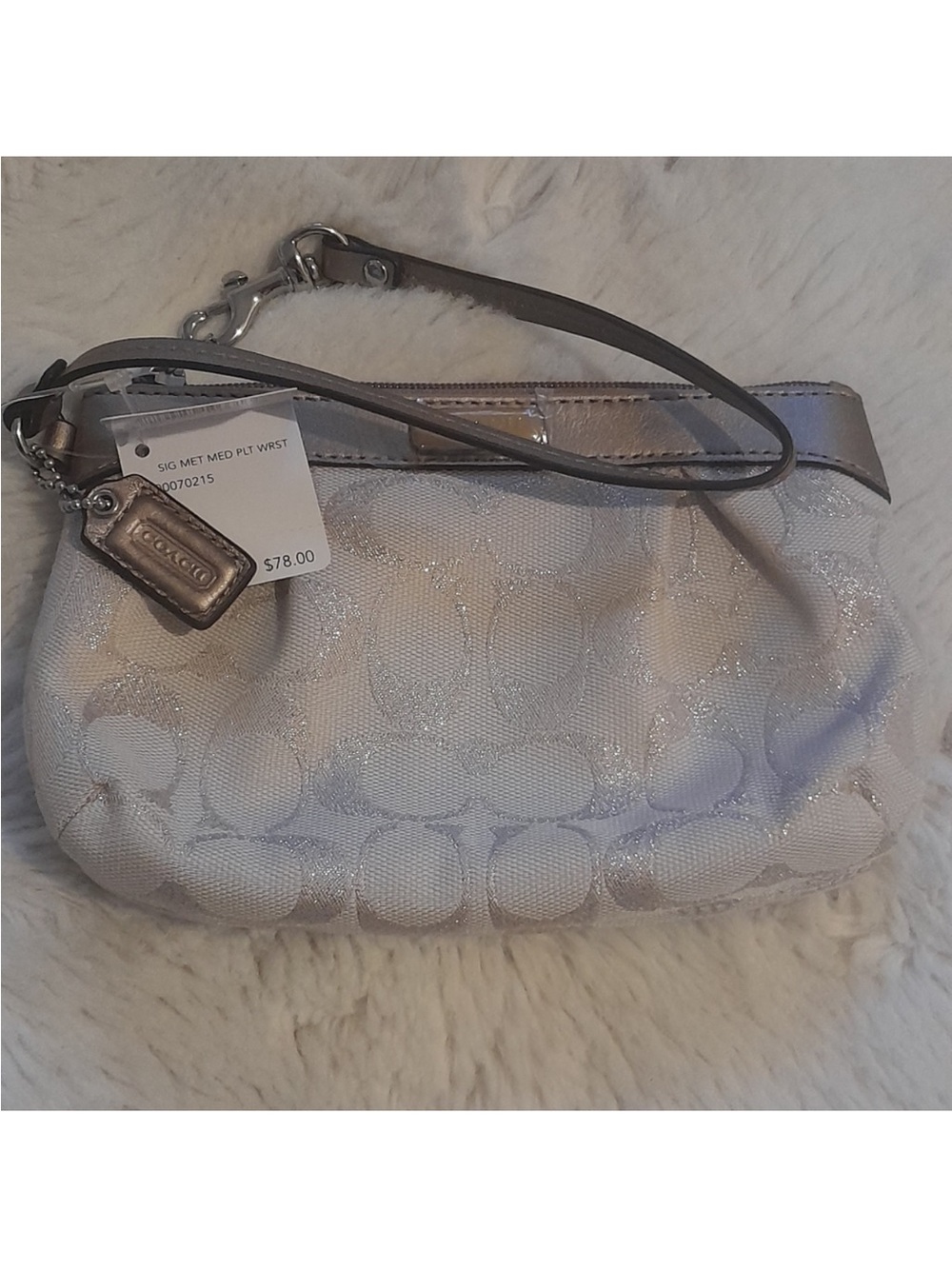 Coach Metallic Silver and Cream Wristlet NWT